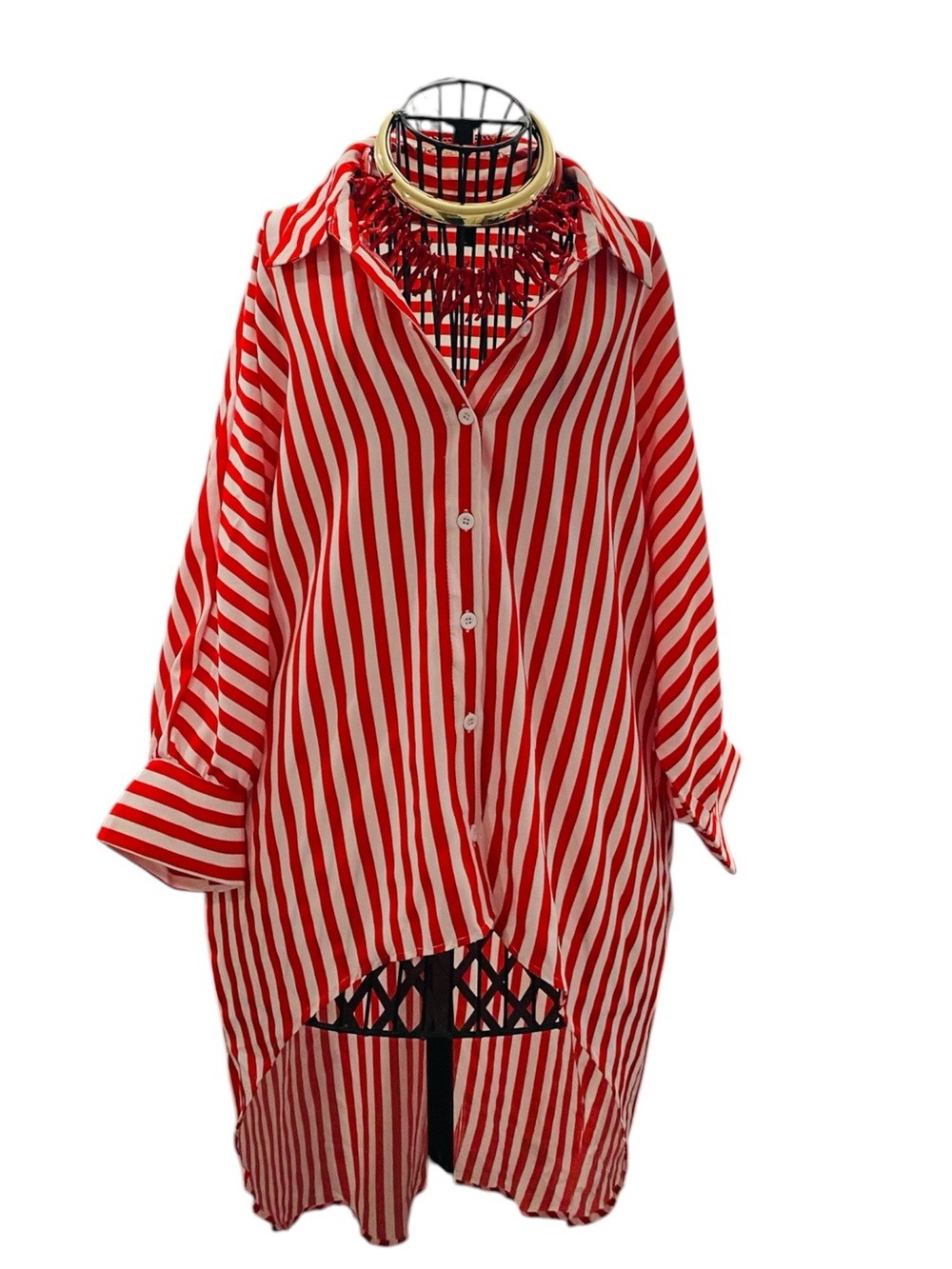 Red & White Striped Button-Up Tunic Shirt